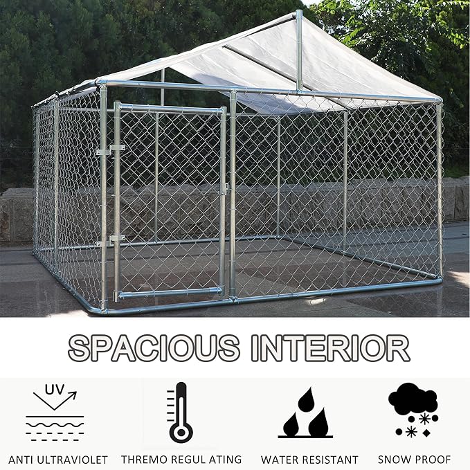 Large Outdoor Dog Cage with UV and Waterproof Cover,Metal Galvanized Rustproof Puppy Fence,W/Security Door,Heavy Duty Kennel for Farm & Garden,Silver 9.8'Lx9.8'Wx4.4'H