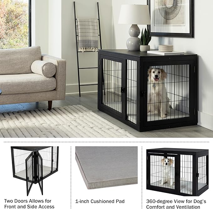Furniture-Style Dog Crate - Acacia Wood Kennel for Large Dogs with Double Doors and Cushion - Dog Kennel Furniture by PETMAKER (Black)