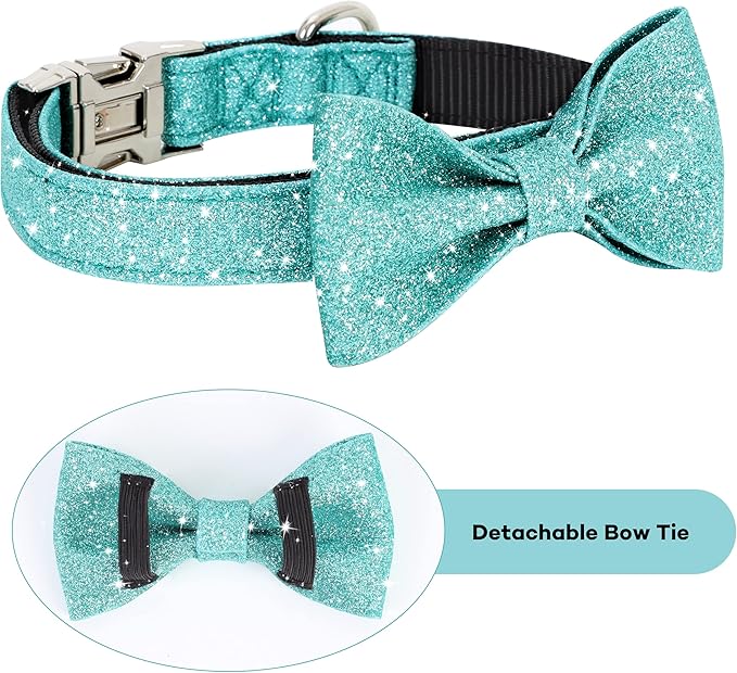 Bling Dog Bow Tie Collar for Small Medium Dogs, Cute Teal Boy Dog Collar with Bow for Daily Walking or Christmas Holiday (Neck fit 13-19’’)