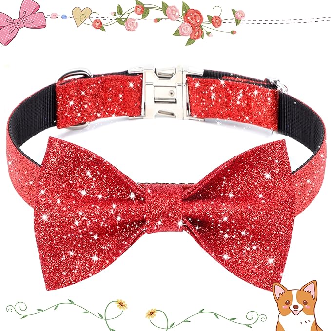 Red Dog Collar with Bow, Bling Bowtie Dog Collar for Small Medium Dogs, Cute Walking Boy and Girl Dog Collar (Neck fit 13-19’’)