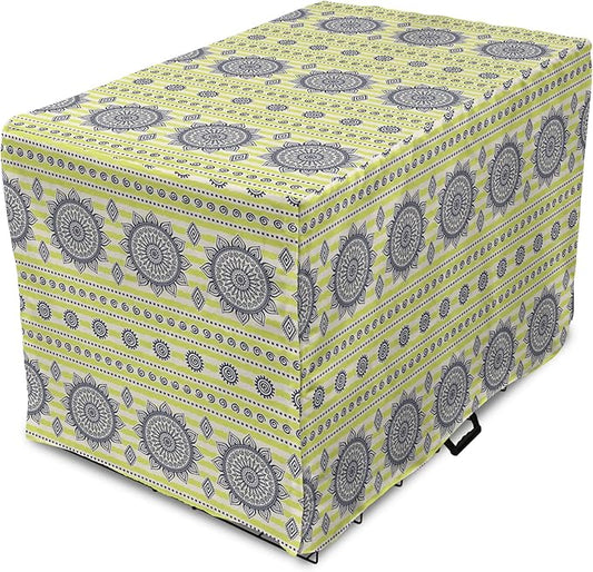 Lunarable Bohemian Mandala Dog Crate Cover, Floral Sun Motif on Brush Drawn Stripes with Dots, Easy to Use Pet Kennel Cover for Medium Large Dogs, 36 Inch, Night Blue Yellow