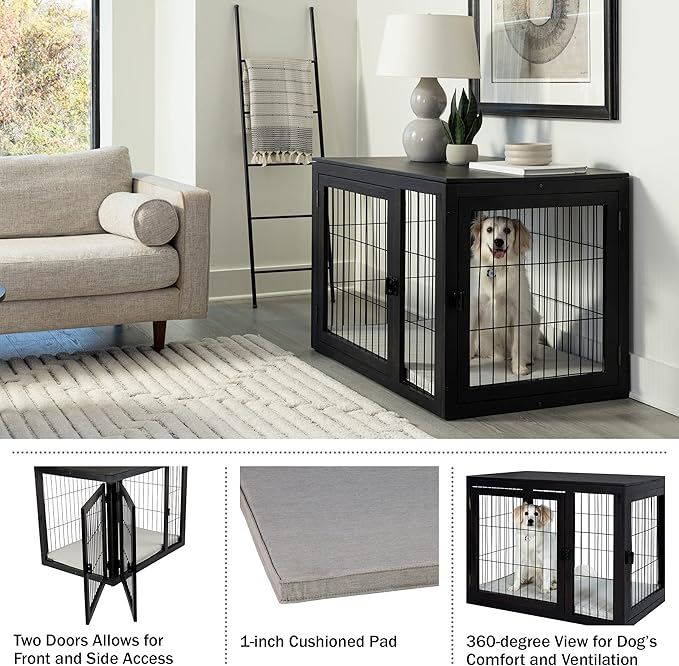 Furniture-Style Dog Crate - Acacia Wood Kennel for Large Dogs with Double Doors and Cushion - Dog Kennel Furniture by PETMAKER (Black)