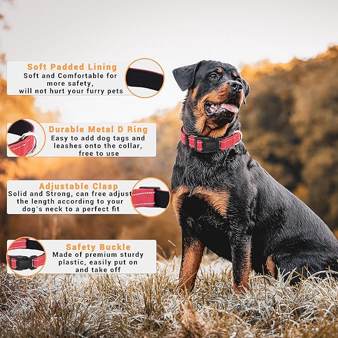 2 Pack Reflective Dog Collar with Safety Locking Buckle, Adjustable Soft Breathable Comfortable Nylon Pet Collar for Small, Medium and Large Dogs, Red, XL