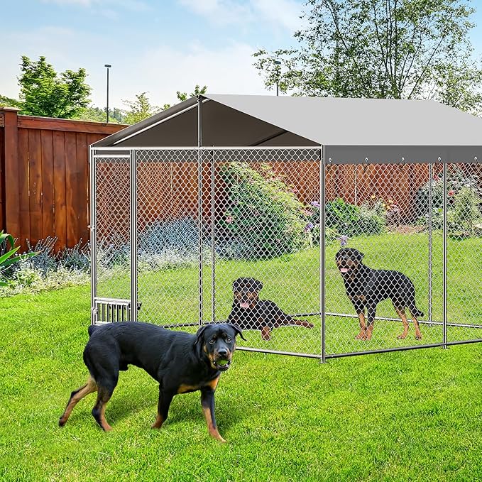 Dog Kennel Outdoor with Waterproof Canopy, Large Dog House with Feeding Doors, Large Dog Kennel Outdoor for Garden Backyard Courtyard(10×10×7FT)