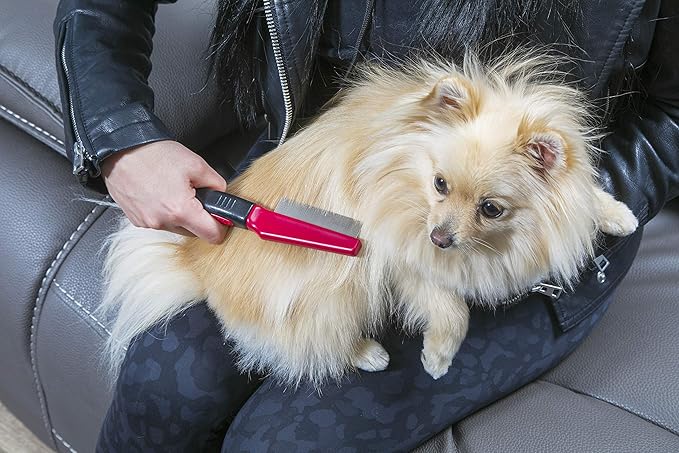 FURemover Grooming Brush & Comb Set, Suitable for All Coats, Includes One Flea Comb and One Dual-Sided Brush with Soft Bristles and Rounded Pins, Black and Red (1208A12-AMZ)