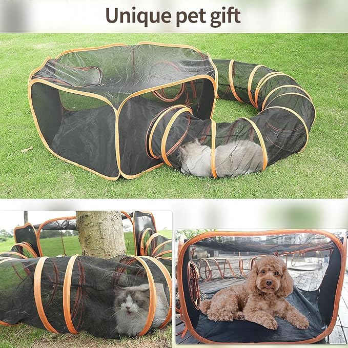 Orange Portable, Foldable Outdoor Cat Enclosure with Tunnel - Suitable for Small Pets