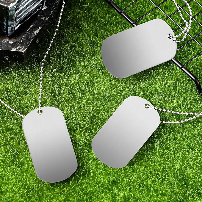 Therwen 62 Pieces Military Dog Tags Necklace Set Including 30 Aluminum Blank Dog Tag 30 Ball Stainless Steel Beaded Necklaces and 2 Erasable Markers for DIY Crafts