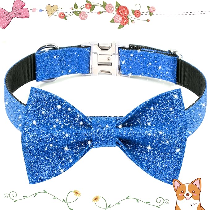 Blue Boy Dog Collar with Bow, Bling Male Bowtie Dog Collar for Puppy Small Medium Dogs, Cute Dog Collar for Daily Walking or Holiday Party (Neck fit 11-16’’)