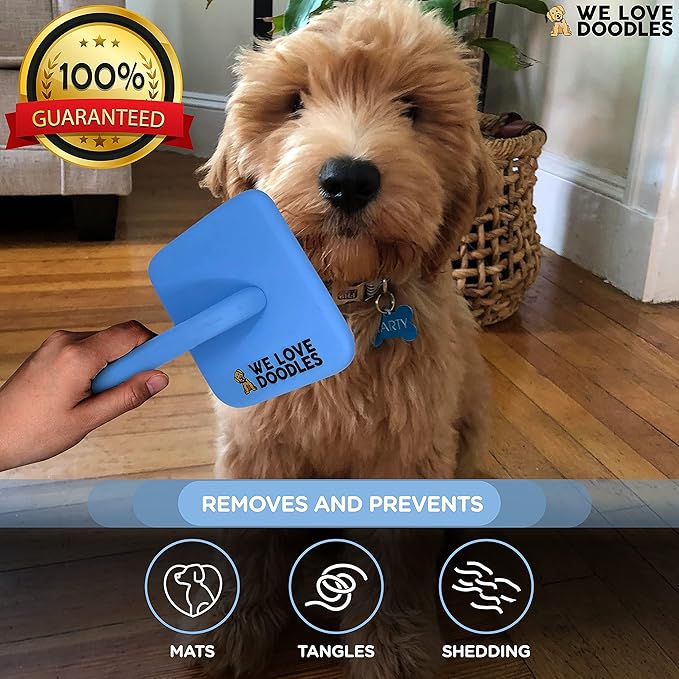 We Love Doodles Dog Slicker Brush for Grooming Pet Hair - Best Brushes For Poodle & Golden Doodle - Long Haired Brush For Dogs - Goldendoodle Long Pin Brush For Dematting (Large)