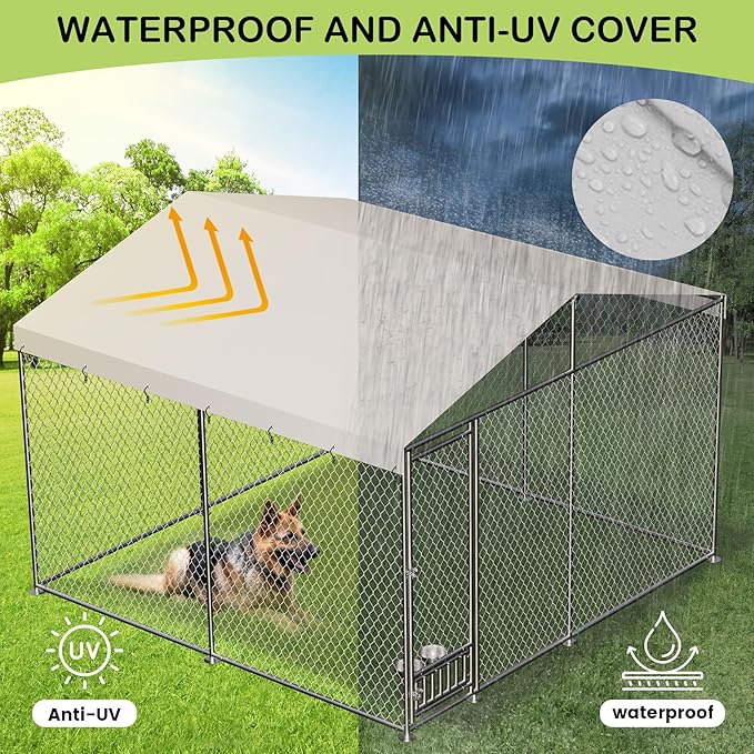 Dog Kennel Outdoor with Waterproof Canopy, Large Dog House with Feeding Doors, Large Dog Kennel Outdoor for Garden Backyard Courtyard(10×10×7FT)