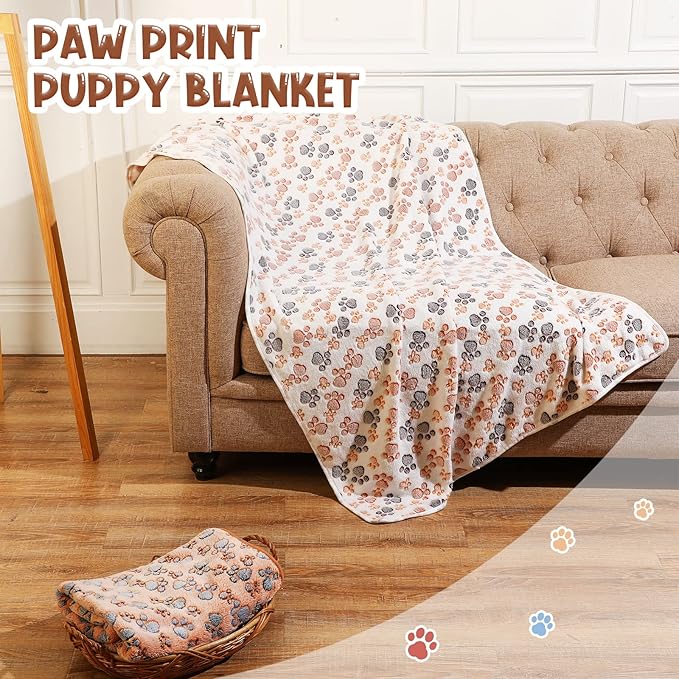 Tatuo 4 Pcs Dog Blanket Pet Puppy Blanket Puppy Teething Toys Paw Print Fleece Blanket for Pet Cat Soft Warm Sleep Mat Guinea Pig Cage Blanket(XXXX-Large(72 x 72 Inch),White, Coffee, Pink, Purple)