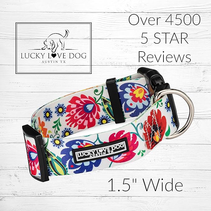 Lucky Love Dog Wide Dog Collar - Adjustable, Durable, Soft Webbing, & Comfortable 1.5 inch Wide Collar for Dogs Male and Female - in Ladybird Pattern with Strong Buckle, Medium Size