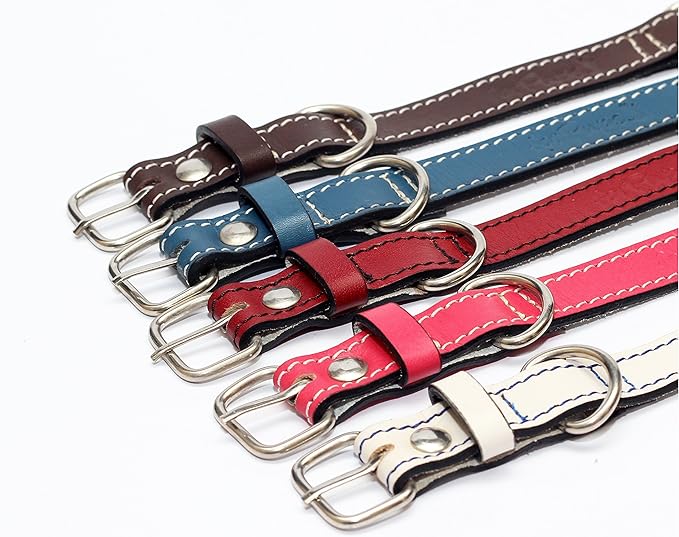 Premium Leather Collars with Stainless Steel Buckles (9"-12", Pink)