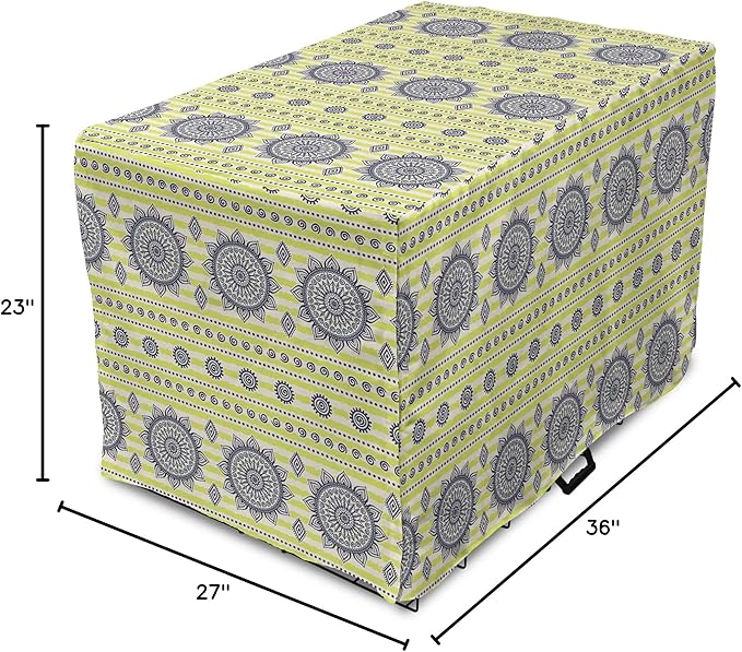 Lunarable Bohemian Mandala Dog Crate Cover, Floral Sun Motif on Brush Drawn Stripes with Dots, Easy to Use Pet Kennel Cover for Medium Large Dogs, 36 Inch, Night Blue Yellow