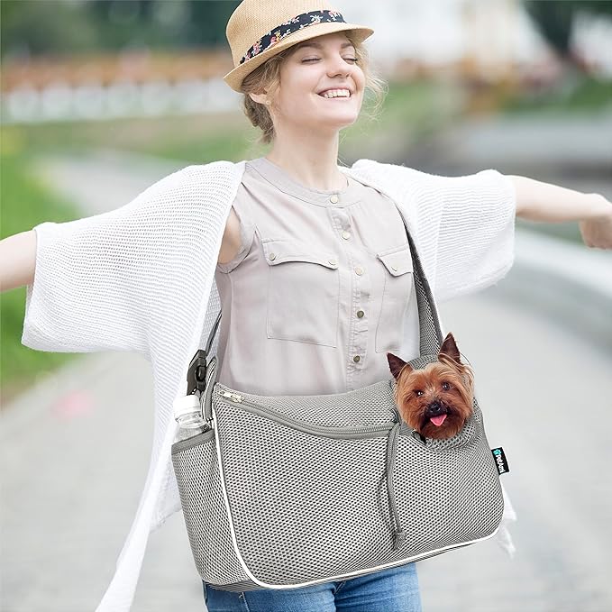 PetAmi Small Dog Sling Carrier, Soft-Sided Crossbody Puppy Carrying Purse Bag, Adjustable Sling Pet Pouch to Wear Medium Cat Travel, Dog Bag for Traveling Breathable, Poop Bag Dispenser, Stripe Black