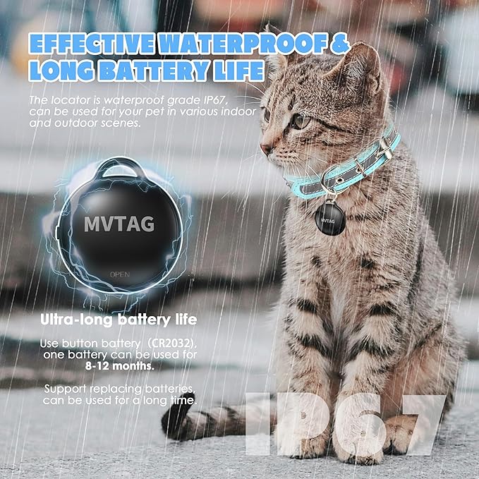 Cat Tracker GPS Collar No Monthly Fee, Real-Time Mini Pet Tracker for Small Medium Large Kittens, Reflective Waterproof Cat Tracking Collar with Bell, Indoor & Outdoor (Only for iOS)