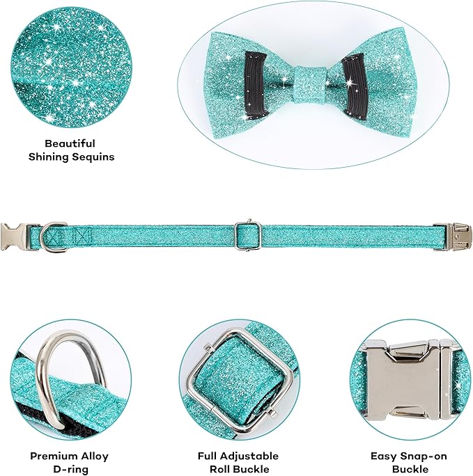 Bling Bow Tie Dog Collar and Leash Set, Cute Teal Boy Dog Collar with Bow and 5ft Leash for Small Medium Dogs Daily Walking or Christmas Holiday (Neck fit 11-16’’)