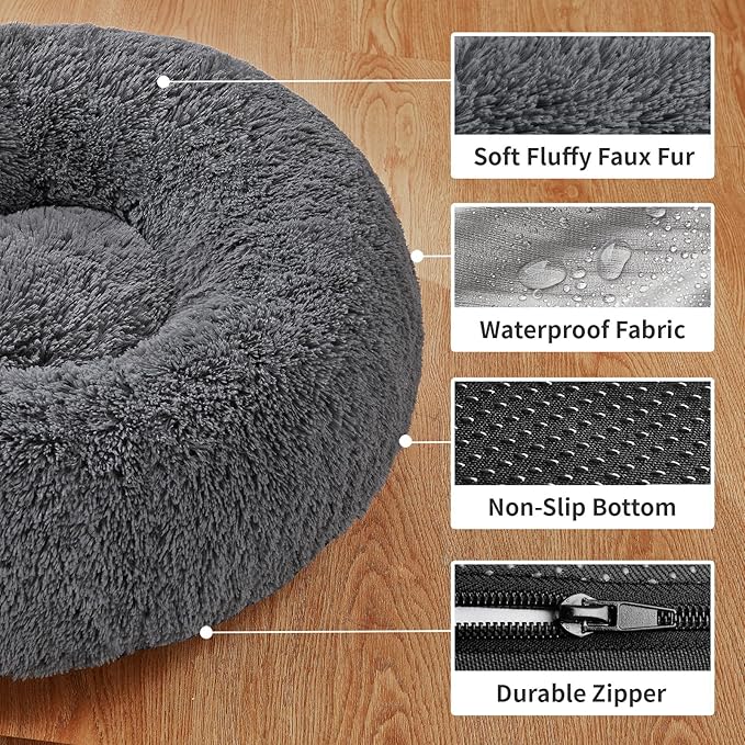 OhGeni Calming Donut Dog Bed Pillow, Machine Washable Plush Waterproof Zipper Cover, Anti-Slip Round Comfort Pet Bed, Pillow Design Cozy Warming Fluffy Fur Bed for Medium Large Dogs, Gray, 36 inches