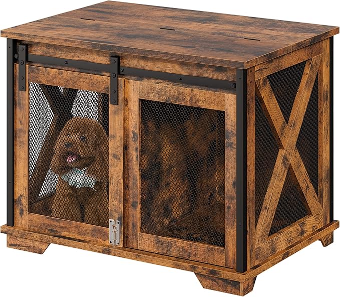 GAOMON Sliding Doors Dog Crate Furniture,Indoor Wooden Dog Crate Furniture with End Table and Flip-top Plate,Detachable Divider for Dog Kennel,Dog House, Rustic Brown