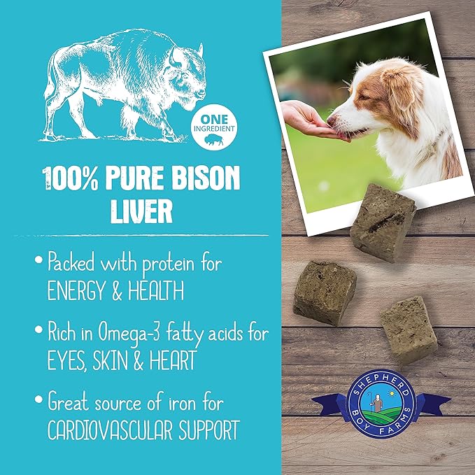 Freeze Dried Dog and Cat Treats, Bison Liver, All Natural Freeze-Dried Dog Treat & Dog Snacks, Made in USA, High in Protein, Essential Nutrition of Raw Dog Food, 8oz