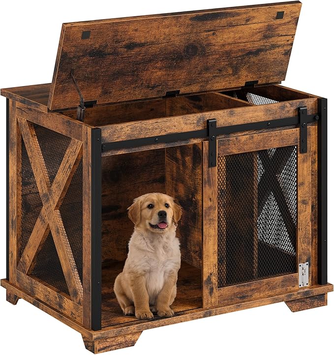 GAOMON Sliding Doors Dog Crate Furniture,Indoor Wooden Dog Crate Furniture with End Table and Flip-top Plate,Detachable Divider for Dog Kennel,Dog House, Rustic Brown
