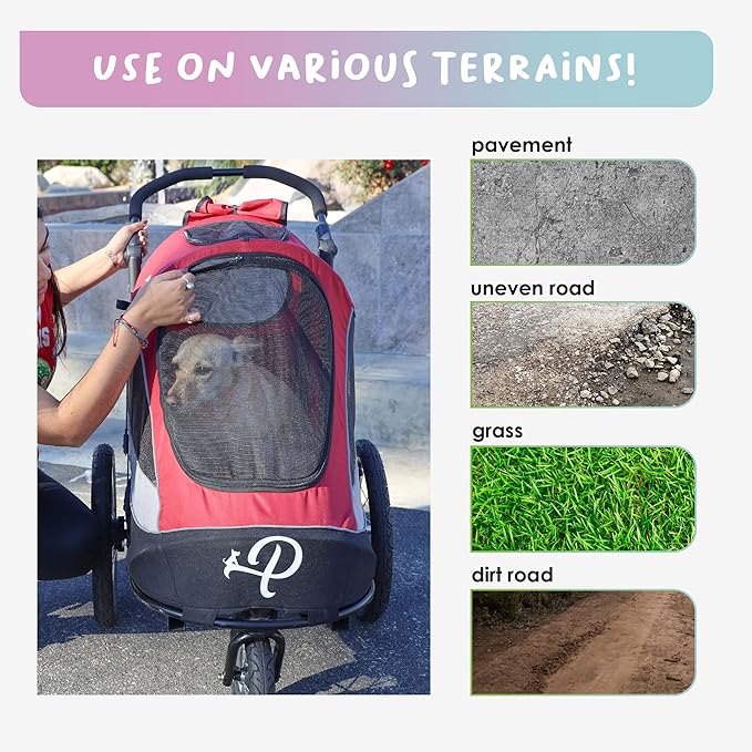 Petique Trailblazer Pet Jogger/Stroller, Bike Trailer, Shock Absorbing Bike Wheels, Large Entry Way, Peek-a-Boo Window, Small/Medium/Large Dogs, Cats and Pets, Supports up to 77LBS - Mars (Red)