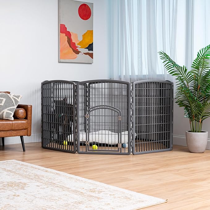 IRIS USA Dog Playpen, 8-Panel 34" Pet Playpen with Door, Puppy Playpen, Indoor/Outdoor Dog Pen, 63 x 63 x 34, Foldable, Customizable, Dark Gray