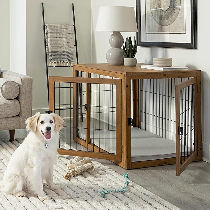 Furniture-Style Dog Crate - Acacia Wood Kennel for Large Dogs with Double Doors and Cushion - Dog Kennel Furniture by PETMAKER (Natural)