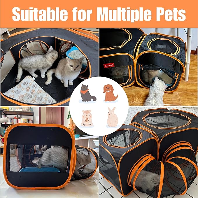 Portable Cat Playpen 2-Room with Tunnel, 3-in-1 Pop-up Cat Dog Crate Play Enclosure with Separate Areas, Foldable Pet Playpen for Puppy Kitten and Small Animals Indoor Outdoor