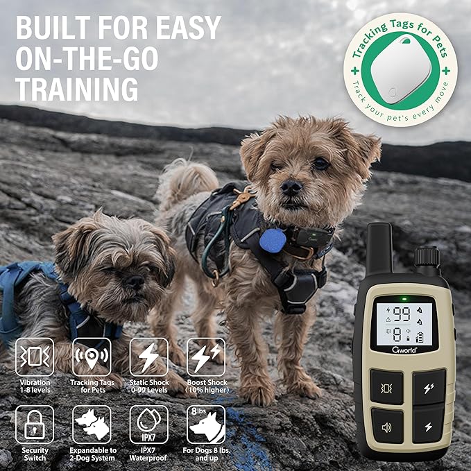 GWORLD i tag Dog Collar No Monthly Rent GPS trackers for Dogs (Only iOS) with Smart Tracker 2 in-1 Dog Training Collar with Remote Innovative IPX7 Waterproof, for All Breeds Sizes