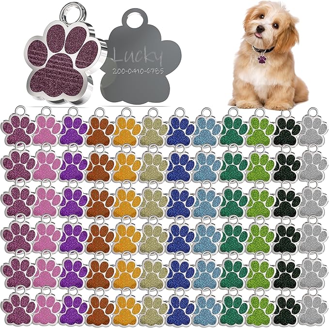 72 Pcs Dog Tags Personalized for Pets Glitter Paw Print Stainless Steel Dog Tag Cute Dog Name Tag Bulk Dog Tags Cat Tags for Wholesale (12 Colors)