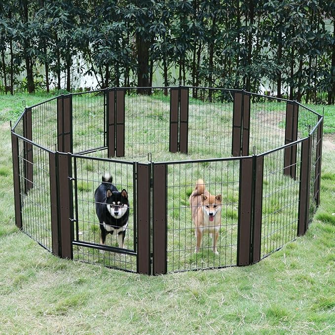 Heavy Duty Dog Playpen - 32 Inch Height, Black Walnut, Variable Shape, Indoor/Outdoor, Foldable, Suitable for Medium, Small, Large Dogs