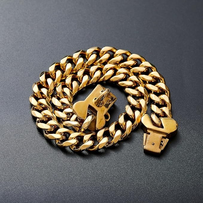 15mm Wide Strong Stainless Steel Bone Style Buckle Gold Dog Chain Collar,18K Gold Plated Cuban Link Chain Dog Necklace Collar for Small Medium Dogs - 16''