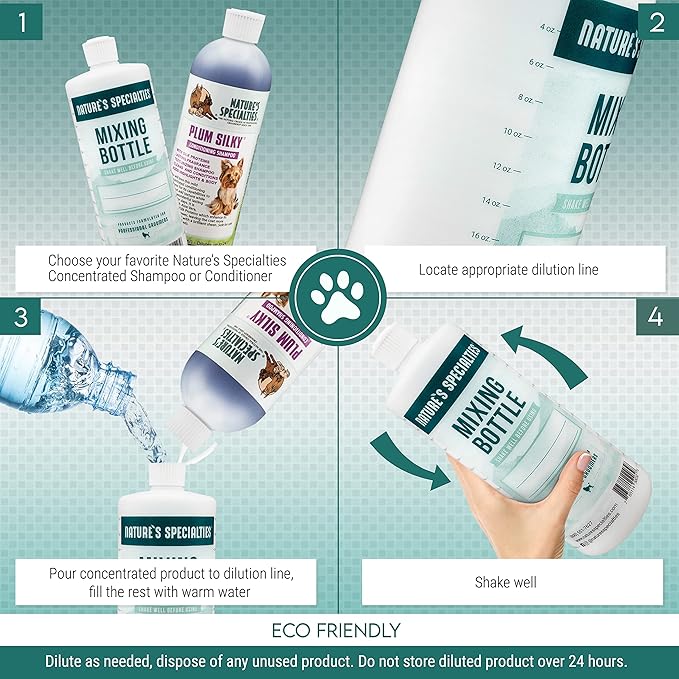Nature's Specialties Mixing Bottle and Dog Shampoo Concentrate Bundle, Easy to Read Measurements Mixing Bottle 32 oz, Dog Coat Conditioner Concentrate with Aloe 16 oz