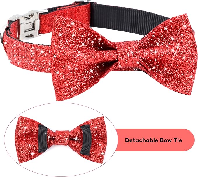 Red Dog Collar with Bow, Bling Bowtie Dog Collar for Small Medium Dogs, Cute Walking Boy and Girl Dog Collar (Neck fit 13-19’’)