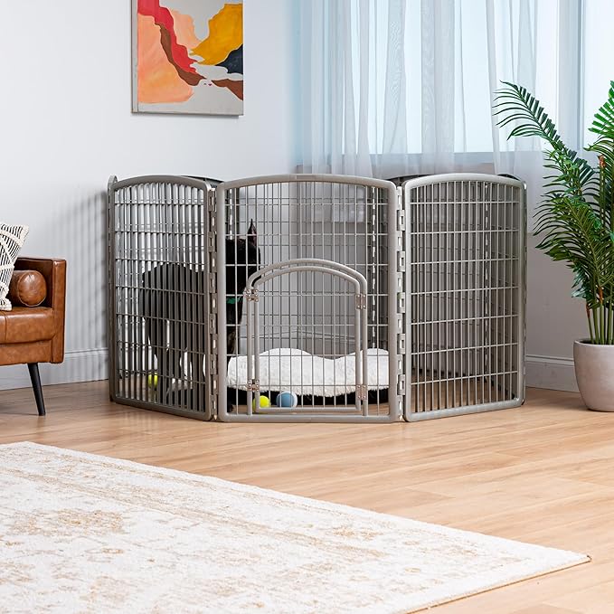 IRIS USA Dog Playpen, 8-Panel 34" Pet Playpen with Door, Puppy Playpen, Indoor/Outdoor Dog Pen, 63 x 63 x 34, Foldable, Customizable, Chrome
