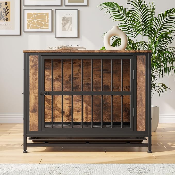 32.8 Inch Wooden Dog Crate Furniture,Indoor Pet Kennel with 2 Sliding Doors,Pull-Out Tray,Stylish Design for Home Decor,Rustic Brown