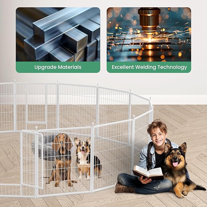 Simple Deluxe Dog Playpen, 32" Height 16 Panels Fence with Anti-Rust Coating, Metal Heavy Portable Foldable Dog Pen for Small/Medium/Large Dogs RV Camping, White