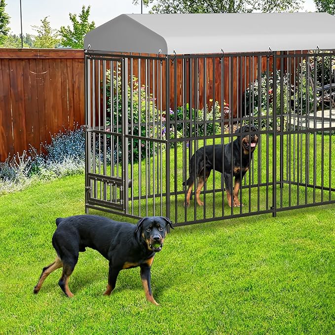 Large Outdoor Dog Kennel with Waterproof Cover, Large Dog House with Feeding Doors, Heavy Duty Dog Enclosures for Garden Backyard Courtyard(8×4×6FT)