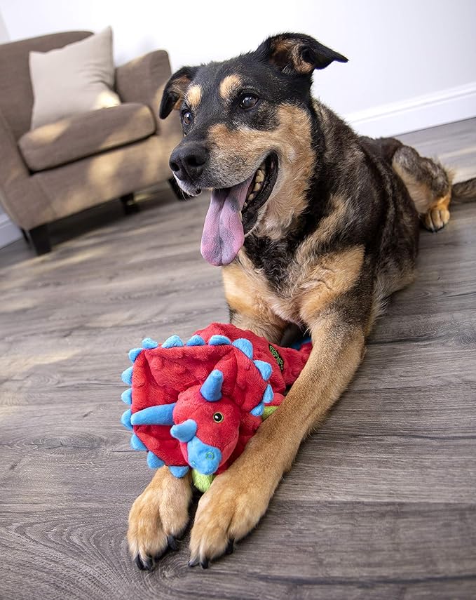 goDog Dinos Frills Squeaky Plush Dog Toy, Chew Guard Technology - Red, Large
