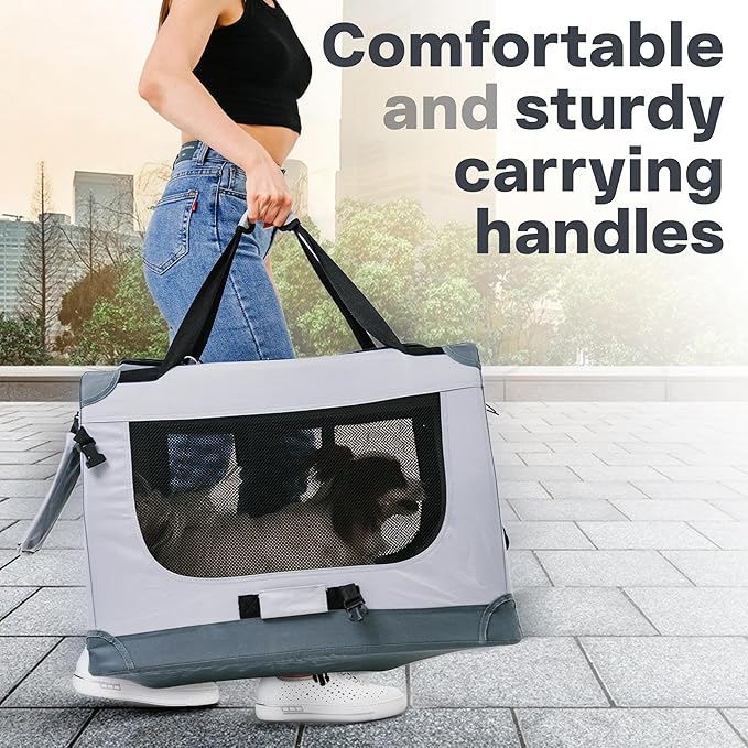 Folding Medium Dog Carrier (23,6"*16,5"*17,3") Pet Carrier, Soft Dog Crate with 3 Durable Tear-Resistant Mesh Window, Soft Pad and Bag for Supplies, Travel Crate Kennel for Pets (Gray)