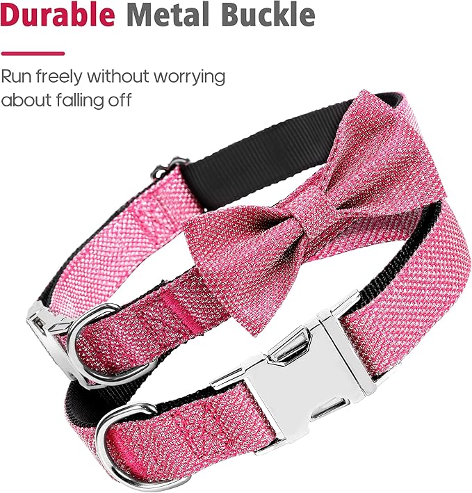 Dog Collar with Bow for Small Medium Large Dogs, Cute Bling Dog Bow Tie Collar with Metal Buckle, Soft & Durable for Large Dogs Walking (Dark Pink, L)