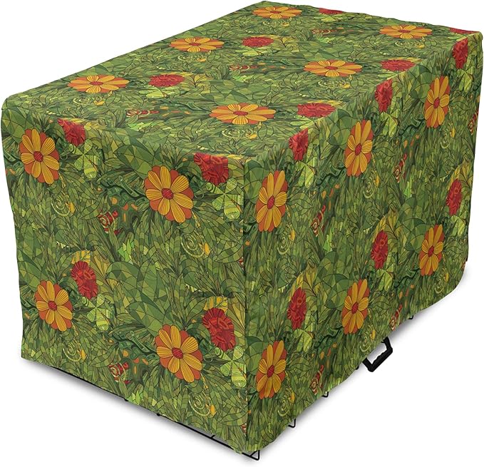 Ambesonne Floral Dog Crate Cover, Funky Flower Foliage Bush with Fractal Retro Jungle Art Design, Easy to Use Pet Kennel Cover for Medium Large Dogs, 42 Inch, Olive Green