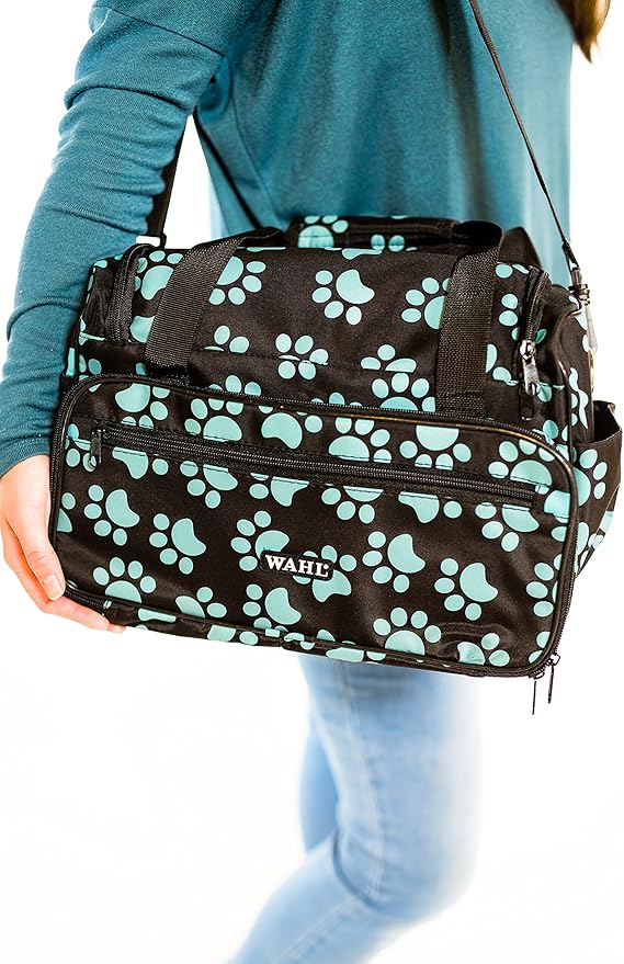 WAHL Professional Animal Travel Tote Bag with Zipper - Travel Bag - Storage Bag for Grooming Supplies - for Dog, Cat & Pet Groomers - 28.8 Inches, Turquoise Paw Print Design (#97764-300)
