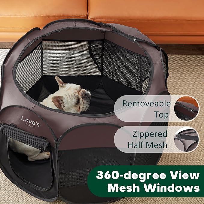 Love's Cabin Pet Puppy Playpen, Small Dog Tent Crate, Portable Foldable Dog Kennel with Carrying Case, Removable Zipper Top, Brown