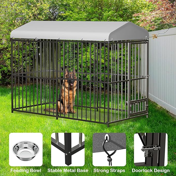 Large Outdoor Dog Kennel with Waterproof Cover, Large Dog House with Feeding Doors, Heavy Duty Dog Enclosures for Garden Backyard Courtyard(8×4×6FT)