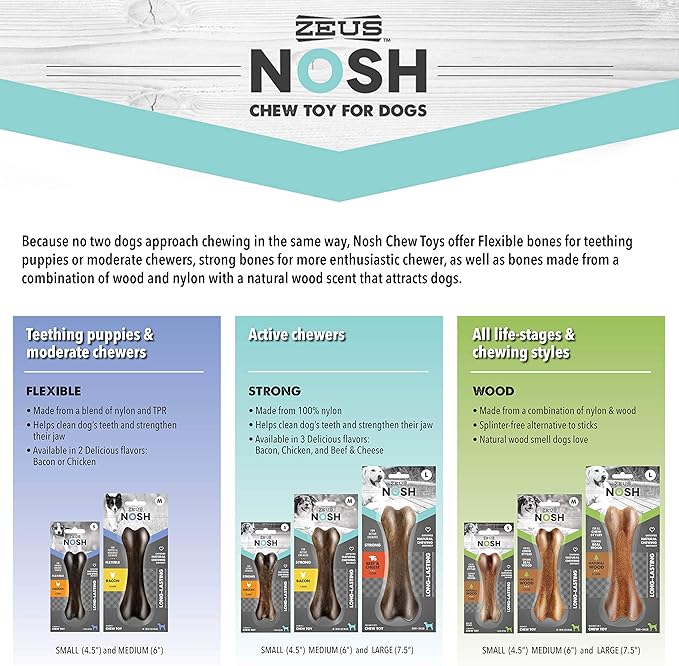 ZEUS Nosh Strong Dog Chew Bones, Dog Chew Toys for Aggressive Chewers, Long Lasting Bacon Flavor, Small