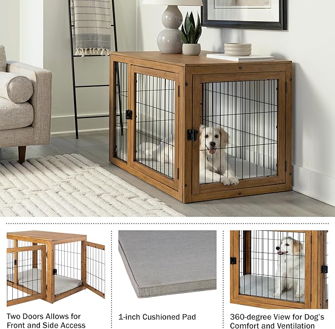 Furniture-Style Dog Crate - Acacia Wood Kennel for Large Dogs with Double Doors and Cushion - Dog Kennel Furniture by PETMAKER (Natural)