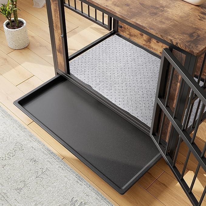 32.8 Inch Wooden Dog Crate Furniture,Indoor Pet Kennel with 2 Sliding Doors,Pull-Out Tray,Stylish Design for Home Decor,Rustic Brown