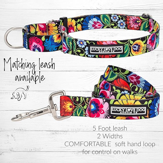 Lucky Love Dog Wide Martingale Dog Collar - No-Slip, Durable, & Soft Webbing 1.5 inch Martingale Collar for Dogs Male and Female - Ideal for Training & Walking, Stylish Blackbird Pattern, Large Size